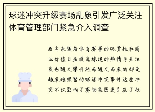 球迷冲突升级赛场乱象引发广泛关注体育管理部门紧急介入调查