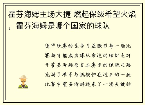 霍芬海姆主场大捷 燃起保级希望火焰，霍芬海姆是哪个国家的球队