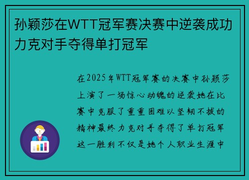 孙颖莎在WTT冠军赛决赛中逆袭成功 力克对手夺得单打冠军